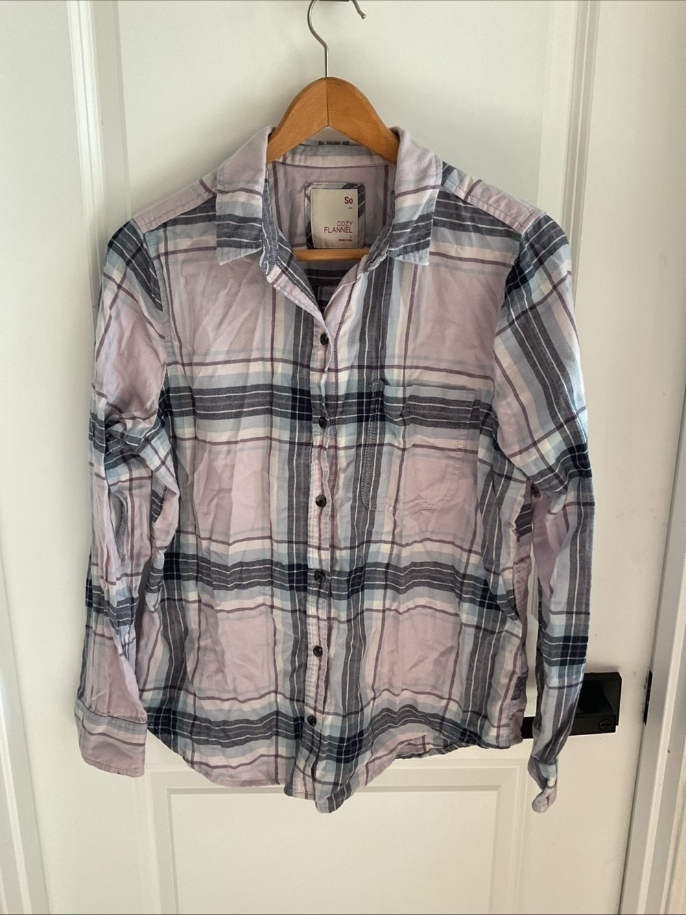 SO Cozy Flannel - Plaid Button-Down Shirt - Light Lavender and Gray - Ladies L